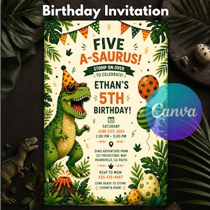 Five A-Saurus Birthday Invitation, Dinosaur 5th Birthday Invite, T-Rex Dino Party, Boys Birthday, Editable Canva Template, Instant Download