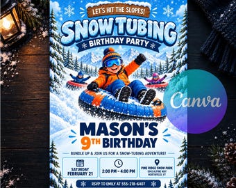 Snow Tubing Birthday Invitation, Winter Party, Outdoor Sledding, Snow Adventure, Snow Party, Editable Canva Template, Instant Download, Kids