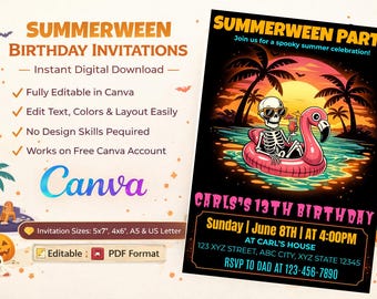 Canva Editable Summerween Birthday Party Invitation Template | Ghost Pool Party & Spooky Summer | Instant Digital Download PDF