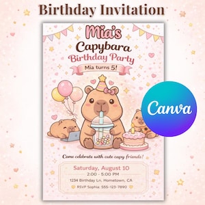 Capybara Birthday Invitation | Canva Editable Kawaii Capybara Invitation Template | Cute Pink Capy Kids Invite | Printable Instant Download image 1