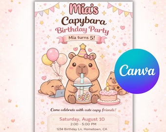 Capybara Birthday Invitation | Canva Editable Kawaii Capybara Invitation Template | Cute Pink Capy Kids Invite | Printable Instant Download