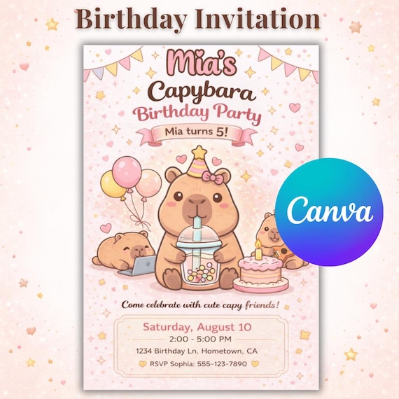 Capybara Birthday Invitation | Canva Editable Kawaii Capybara Invitation Template | Cute Pink Capy Kids Invite | Printable Instant Download