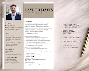 Canva Editable Modern Resume Template with Photo | 2026 Professional Clean Executive CV | ATS-Friendly Instant Download Printable PDF