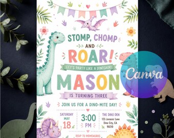 Pastel Dinosaur Birthday Invitation, Girl Three Rex Party, Girl Dino Party, Cute Stomp Chomp Roar, Editable Canva Template, Instant Download