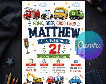Transportation Birthday Invitation, Honk Beep Choo Choo Train Truck Cars Party Invite, Vehicle Theme Editable Canva Template Download
