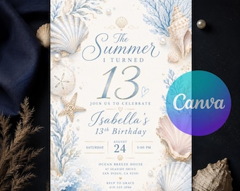 Seashell 13th Birthday Invitation, Editable Coastal Beach Party Invite, Summer I Turned Thirteen Canva Template, Ocean Birthday Download