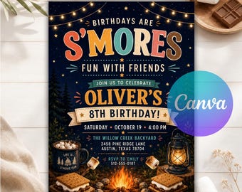 S'mores Birthday Invitation, Bonfire Camping Party, Campfire S'mores Fun Backyard Birthday, Editable Canva Template Instant Digital Download