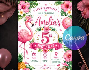Flamingo Birthday Invitation, Printable Tropical Summer Party Invite, Pink Flamingle Luau Birthday Editable Canva Template Instant Download