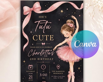 Tutu Cute Birthday Invitation, Editable Ballerina 2nd Birthday Invite, Girl Second Birthday Ballet Party Canva Template Instant Download