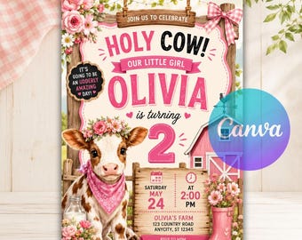 Highland Cow Birthday Invitation, Editable Boho Farm Party Invite, Rustic Pampas Canva Template, Cute Cowgirl Printable Instant Download