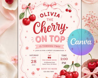 Cherry On Top Birthday Invitation Template, Editable Sweet Cherry Birthday Invite, Pink Bow Theme Canva Printable Card, Instant Download