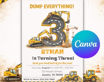 Canva Editable Construction Birthday Invitation | Digger Dump Truck Excavator Site Party Invite | Boy 3rd Birthday Printable Template