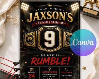 Wrestling Birthday Invitation, Championship Belt Boxing MMA Fight Night Party Invite, Editable Canva Ticket Template Instant Download