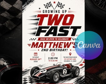 Growing Up Two Fast Birthday Invitation, Race Car 2nd Birthday Boy Invite, Vintage Racing Theme, Editable Canva Template Instant Download
