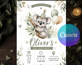 Koala Birthday Invitation, Printable Australian Animal Party Invite, Cute Woodland Eucalyptus Theme Editable Canva Template Instant Download
