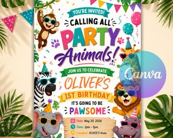 Party Animals Birthday Invitation, Editable Calling All Party Animals Invite, Any Age Kids Jungle Theme Canva Template, Instant Download