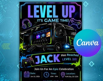 Video Game Truck Birthday Invitation | Neon Gamer Truck Party Invite | Canva Editable Gaming Bus Birthday | Instant Digital Download