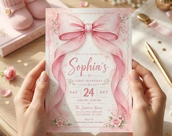 Pink Bow Birthday Invitation, Editable Coquette Girl Party Invite, Light Pink First Birthday Card, Ribbon Canva Template, Instant Download