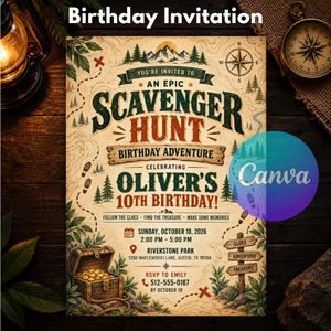 May include: A scavenger hunt birthday invitation for Oliver's 10th birthday on October 18, 2026, at Riverstone Park. The design features a treasure map theme with a treasure chest, compass, mountains, and trees in green, brown, and tan colors.