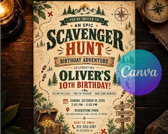 Invitation d'anniversaire chasse au trésor, modèle Canva modifiable, fête d'aventure et de découverte, téléchargement numérique instantané à imprimer