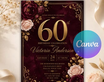 Luxury Floral 60th Birthday Invitation, Elegant Burgundy Gold Party Invite, Women's Milestone Birthday Editable Canva Template Download