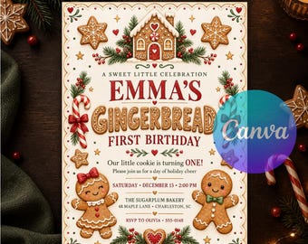 Gingerbread First Birthday Invitation, Christmas 1st Birthday, Sweet One Invite, Christmas Cookie, Editable Canva Template, Digital Download