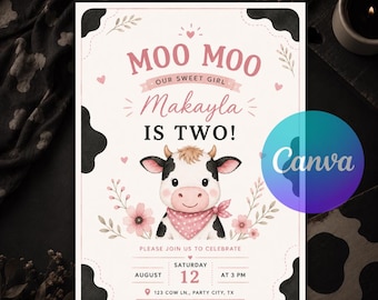Moo Moo I'm Two Birthday Invitation, Editable Pink Cow 2nd Birthday Invite, Farm Birthday Party, Cowgirl Canva Template Instant Download