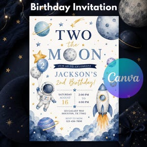 May include: A rectangular birthday invitation card featuring a space theme with watercolour illustrations of planets, stars, a rocket, and an astronaut. The text reads TWO the MOON, JACKSON'S 2nd Birthday, and includes event details like date and time.