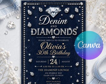 Denim and Diamonds Birthday Invitation, Western Glam Party Invite, Blue Jeans Bling Birthday, Editable Canva Template Instant Download