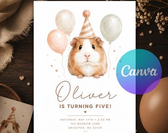 Guinea Pig Birthday Invitation, Cute Pet Animal Party Invite, Kids Birthday Canva Template, Editable Digital Printable Instant Download