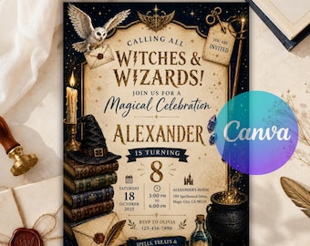 Wizards Witches Birthday Invitation, Magical School Wizardry Party Invite, Castle Magic Birthday, Editable Canva Template Instant Download