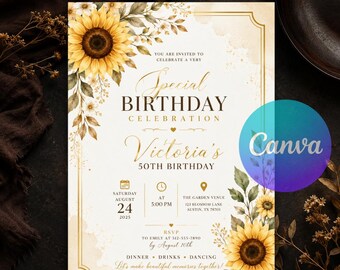 Sunflower Birthday Invitation, Boho Floral Party Invite, Little Sunflower Birthday, Editable Canva Template Instant Download Printable