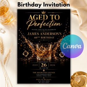 May include: A black birthday invitation card featuring gold text that reads AGED TO PERFECTION, JAMES ANDERSON'S 40TH BIRTHDAY, SATURDAY JULY 26 2026 AT 7:00 PM, THE HIGHLAND LOUNGE 1234 OAKWOOD DRIVE AUSTIN TEXAS 78701, and RSVP TO MICHAEL 512-555-7890.