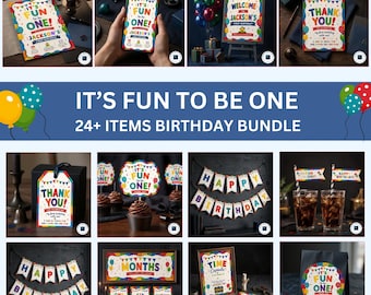 Fun to Be One Birthday Invitation Bundle, Colorful First Birthday Party Decor, Boy Girl, 24+ Editable Canva Templates Instant Download