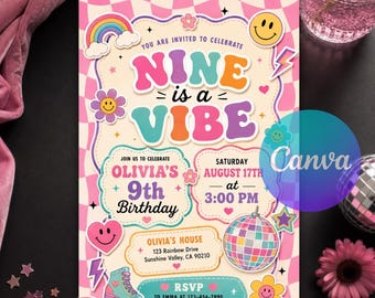Nine Is A Vibe Birthday Invitation, Groovy Retro Preppy 9th Birthday Invite, Smiley Face Checkered Varsity Canva Template Instant Download