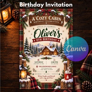 Puede incluir: Una tarjeta de invitación de cumpleaños con una escena de cabaña invernal, pinos nevados y montañas. El texto dice A Cozy Cabin Birthday Celebration, Oliver's 8th Birthday, Saturday January 24, 2026, 2:00 PM, y The Pinewood Lodge.