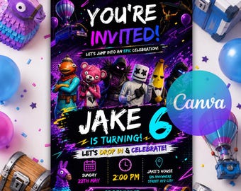 Fort Game Birthday Invitation, Editable Gamer Party Invite, Battle Royale Canva Template, Video Game Kids Card, Instant Digital Download