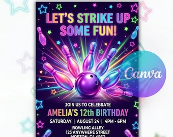 Canva Editable Bowling Birthday Invitation | Pink Bowling Party Invite | Boy Glow Bowling Template | Strike Up Some Fun | Instant Download