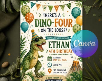 Dino Four Birthday Invitation, Editable Dinosaur 4th Birthday Invite, T Rex Jurassic Dino Party Canva Template, Boy Printable Download