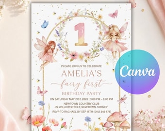 Fairy First Birthday Invitation | Magical Garden Floral Birthday Invite | Canva Editable Wildflower Fairy Party | Instant Download & Print