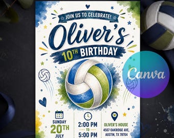 Volleyball Birthday Invitation, Boy Volleyball Party Invite, Watercolor Sports Theme, Kids Birthday Editable Canva Template Instant Download