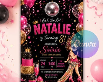 Fancy Nancy Birthday Invitation, Fancy Nancy Invite, Colorful Black Dazzle Theme Party Invite, Editable Canva Template, Instant Download