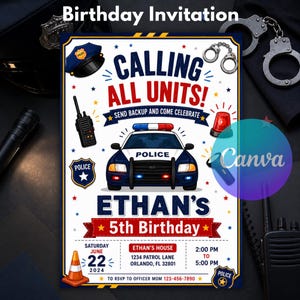 Police Birthday Invitation, Police Officer Cop Car SWAT Party Invite, Boys Police Birthday Editable Canva Template Instant Download
