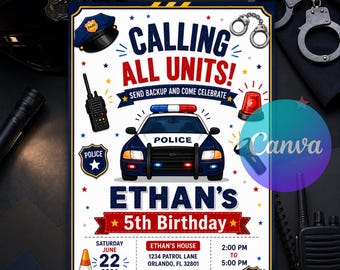 Police Birthday Invitation, Police Officer Cop Car SWAT Party Invite, Boys Police Birthday Editable Canva Template Instant Download