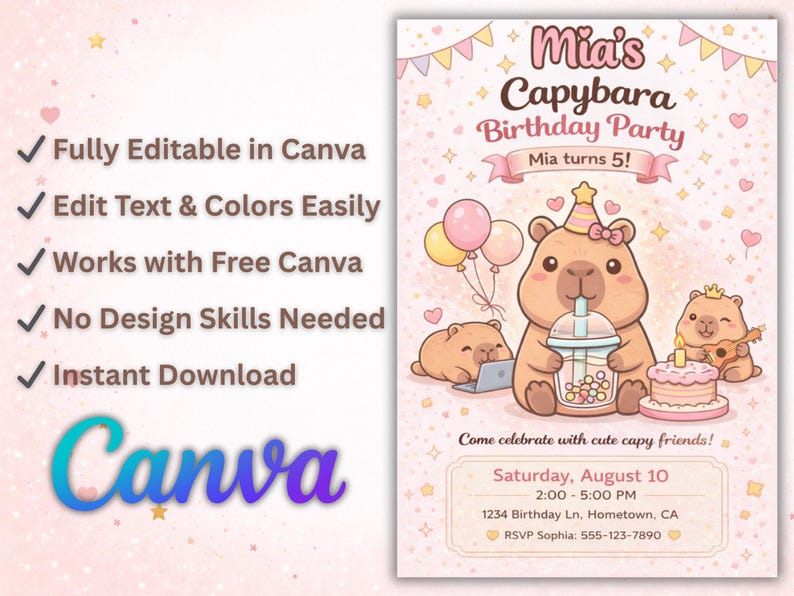 May include: A pink and white birthday party invitation featuring a capybara theme. The invitation includes the text "Mia's Capybara Birthday Party" and details such as the date, time, and RSVP information. The Canva logo is also visible.