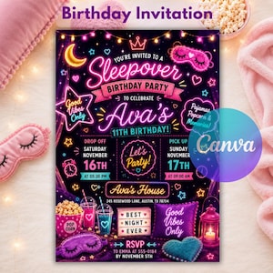 May include: A vibrant sleepover birthday party invitation with a neon design. The invitation includes the text "Sleepover Birthday Party" and "Ava's 11th Birthday!" with details for drop-off and pick-up times. The invitation is decorated with stars, hearts, and a moon.