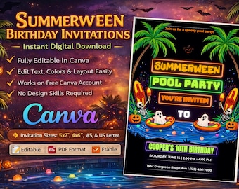 Canva Editable Summerween Birthday Party Invitation | Halloween Ghost Swim Scene, Pool Party Invite | Instant Digital Download Printable PDF