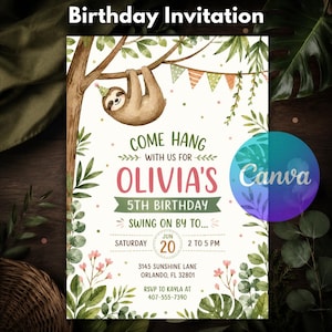 Puede incluir: Una tarjeta de invitación de cumpleaños con un perezoso en acuarela colgado de una rama, decorada con hojas verdes, flores rosas y banderines. El texto dice: Come hang with us for Olivia's 5th birthday, Saturday June 20, 2 to 5 PM, 3145 Sunshine Lane, Orlando, FL 32801, RSVP to Kayla at 407-555-7390.