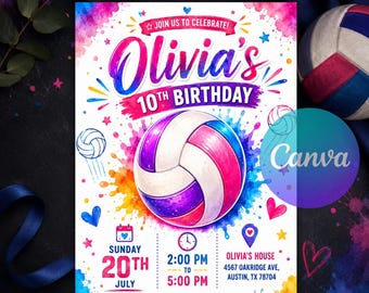 Girl Volleyball Birthday Invitation, Teen Girl Sports Party Invite, Purple & Pink Volleyball Theme, Editable Canva Template Instant Download