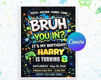 Bruh Birthday Invitation | Neon Birthday Card | Canva Editable Neon Graffiti Invite | Modern Teen Boy Card | Instant Download Printable PDF